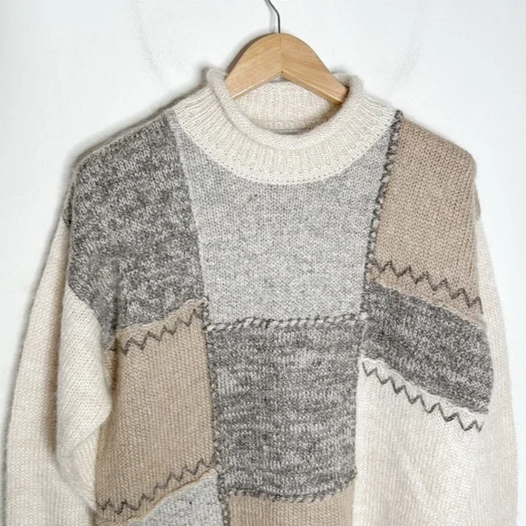 New Orvis Vintage Mohair Patchwork Neutrals Oversized Sweater Size M